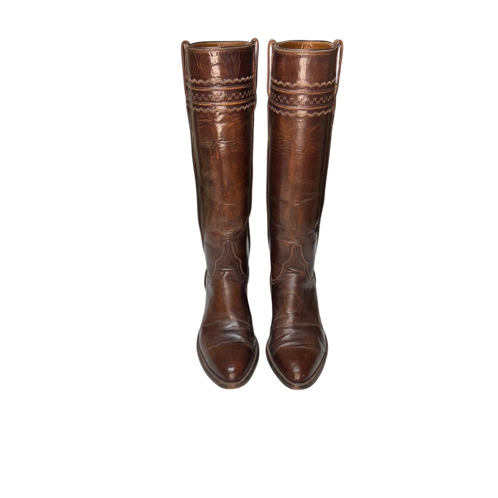 Lucchese Leather Tall Western Boots Size 9B Made in USA Vintage Riding Brown - Picture 3 of 15